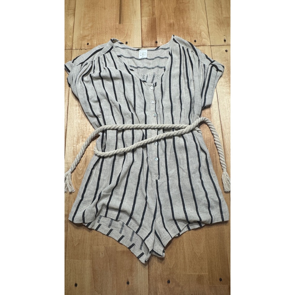 By Together Linen Blend Striped Romper Beige Black Button Up Rope Belt M/L